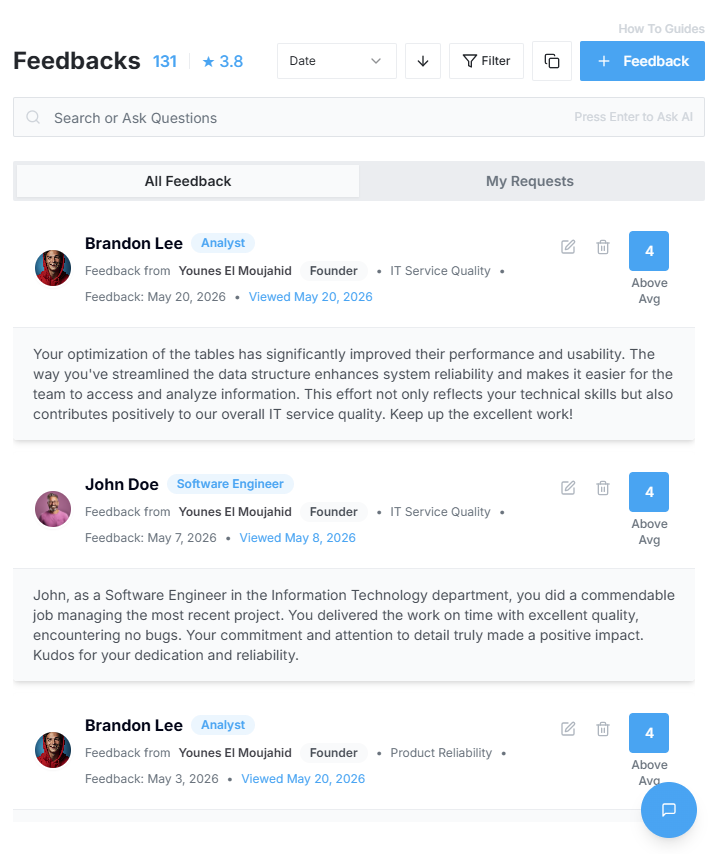 EvalFlow employee feedback workspace showing feedback history